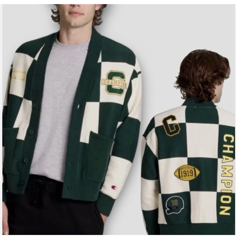 Champion Men's Medium Varsity Check Cardigan Retro Sweater NWT Green Off White